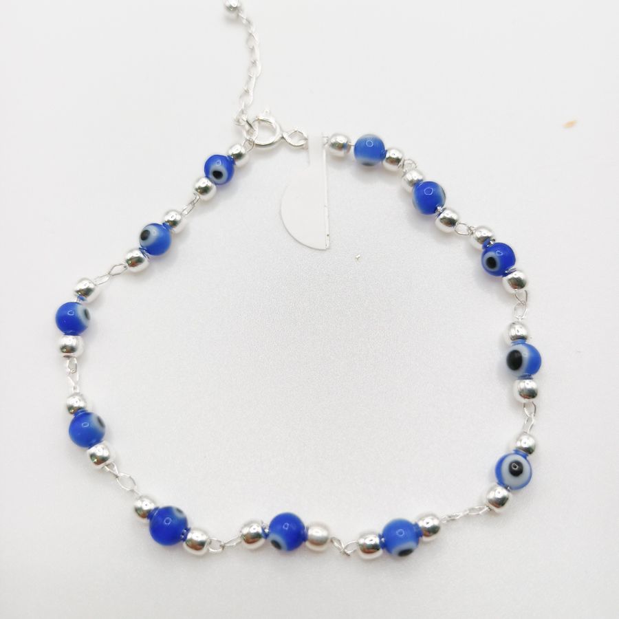 Pulsera De Protección Ojo Turco Y Bolitas Montado En Cadena De Plata .925